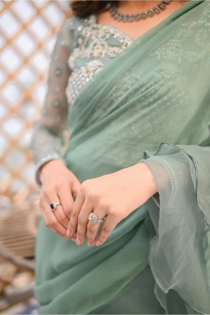 Leon - FERN - Mint Green Chiffon Saree - 3 Piece