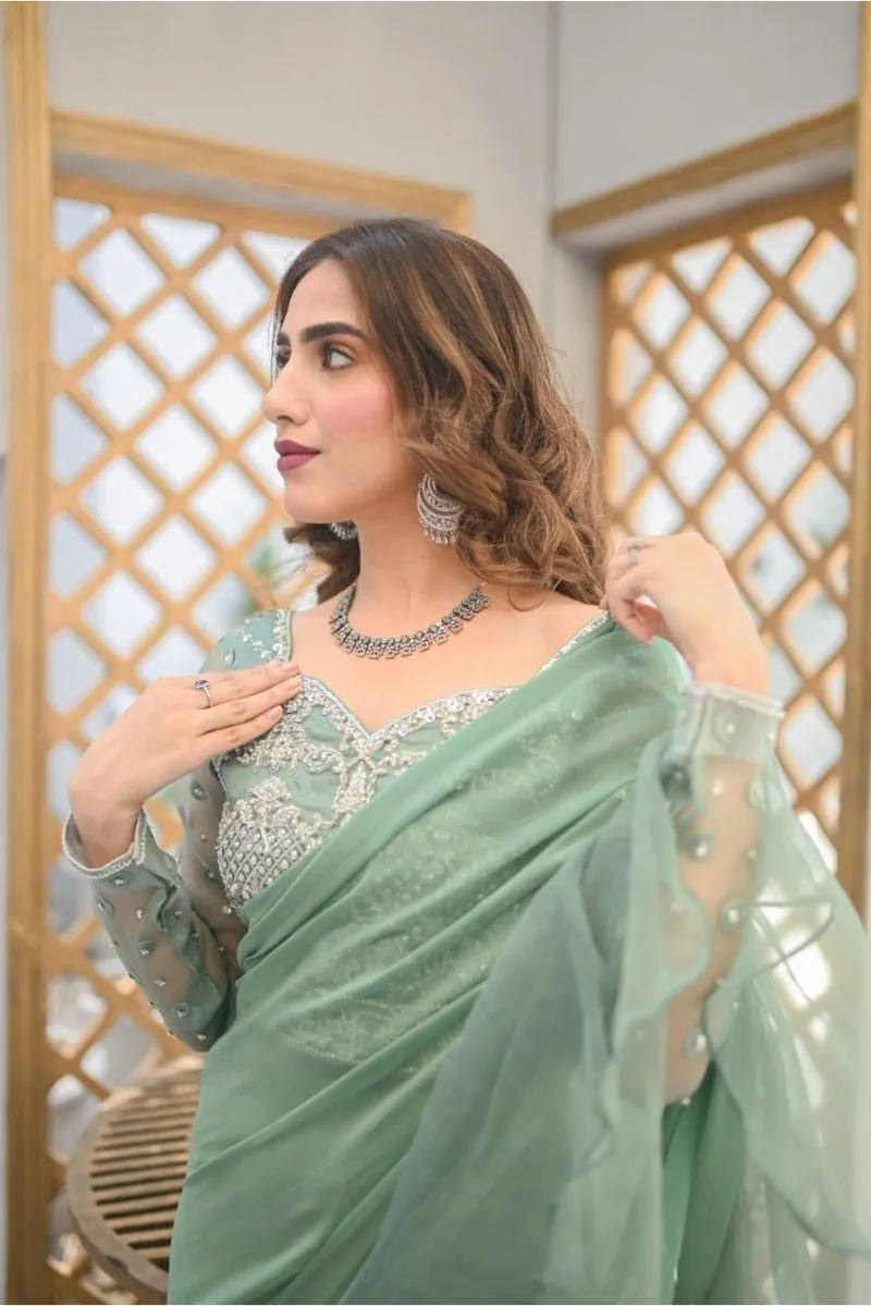 Leon - FERN - Mint Green Chiffon Saree - 3 Piece
