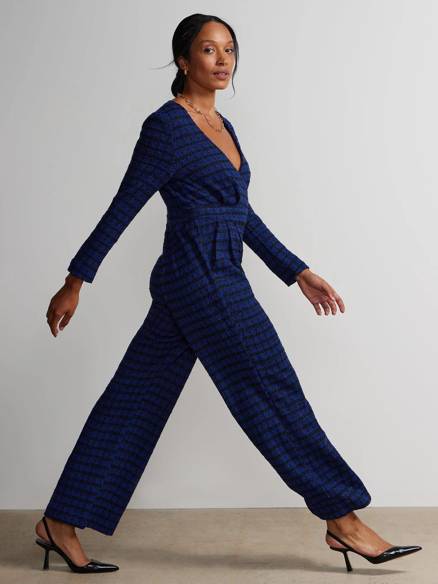 Long Sleeve Plaid Tweed Jumpsuit