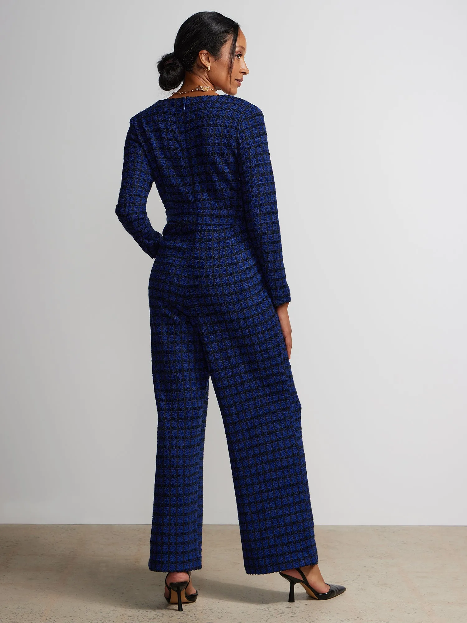 Long Sleeve Plaid Tweed Jumpsuit