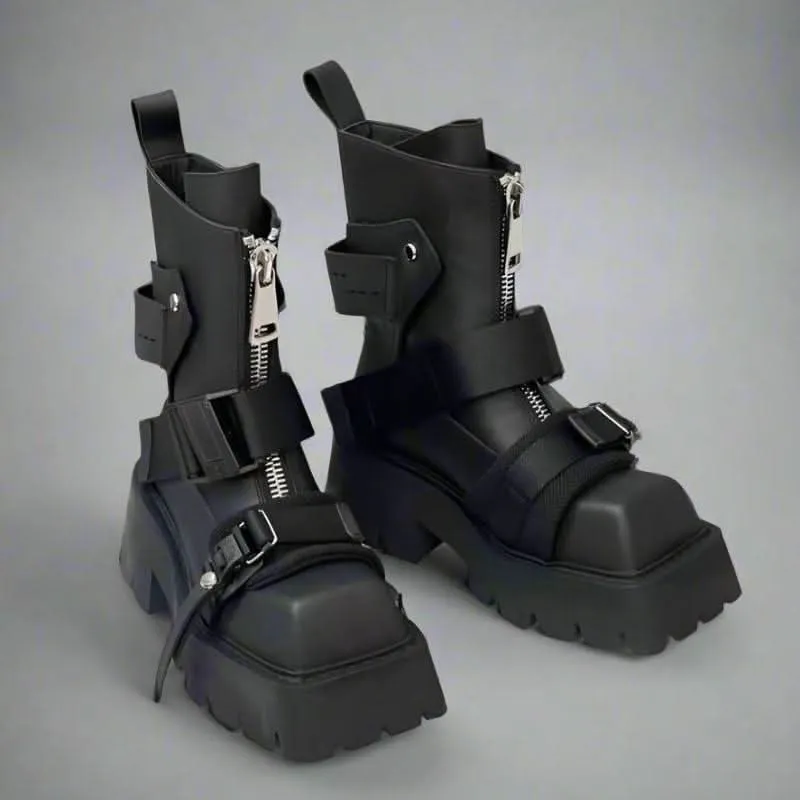 Luxury Biker Boots for Women | Zip Belt Buckle Strap Design