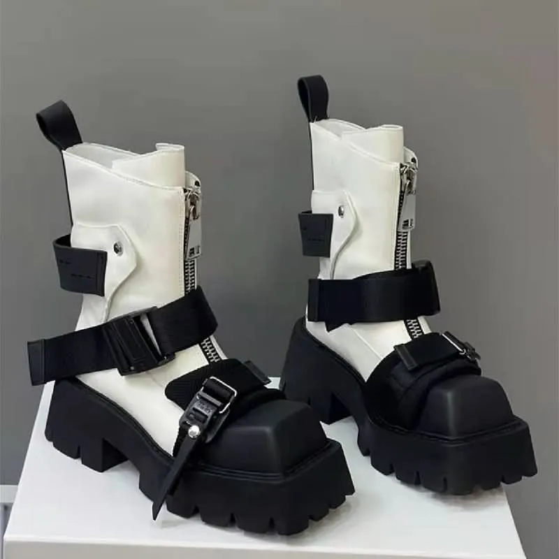Luxury Biker Boots for Women | Zip Belt Buckle Strap Design