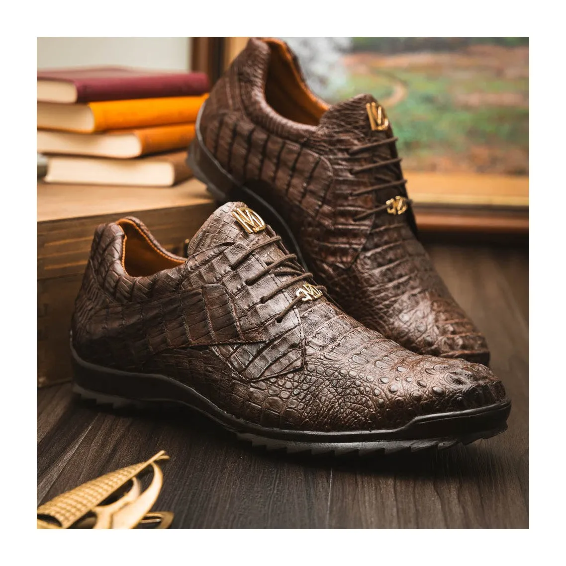 Marco Di Milano Kratos Men's Shoes Brown Exotic Caiman Crocodile Sport Sneakers (MDM1176)