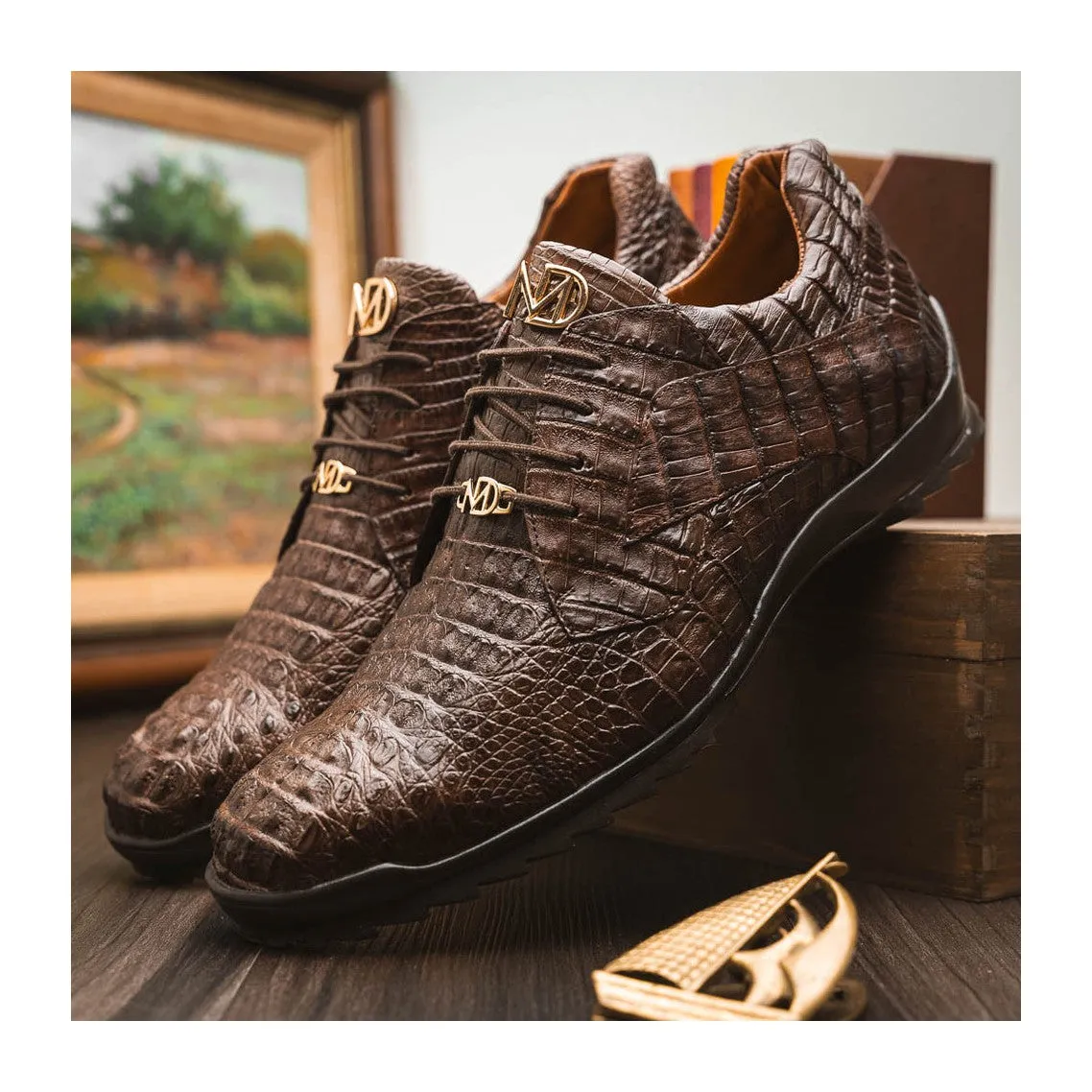 Marco Di Milano Kratos Men's Shoes Brown Exotic Caiman Crocodile Sport Sneakers (MDM1176)