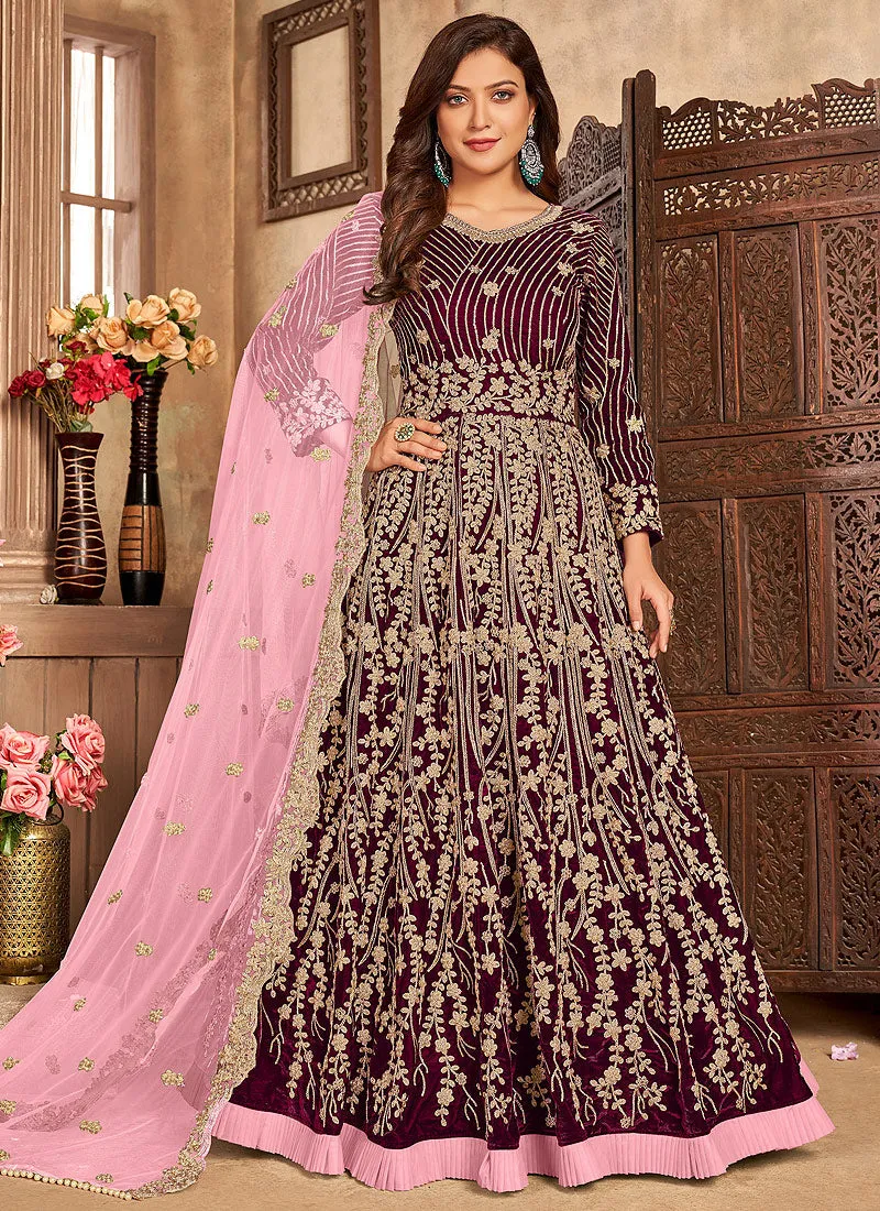 Maroon Embroidered Velvet Anarkali Suit