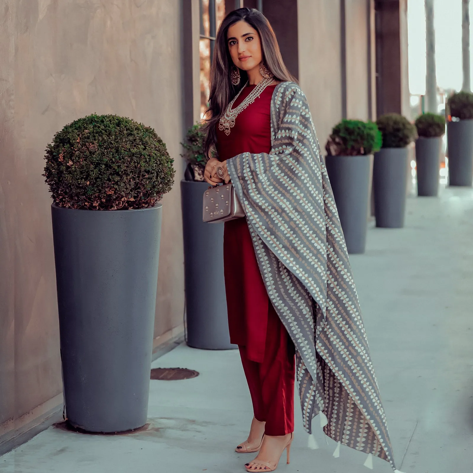 Maroon Salwar Kurta Set with Grey Dupatta