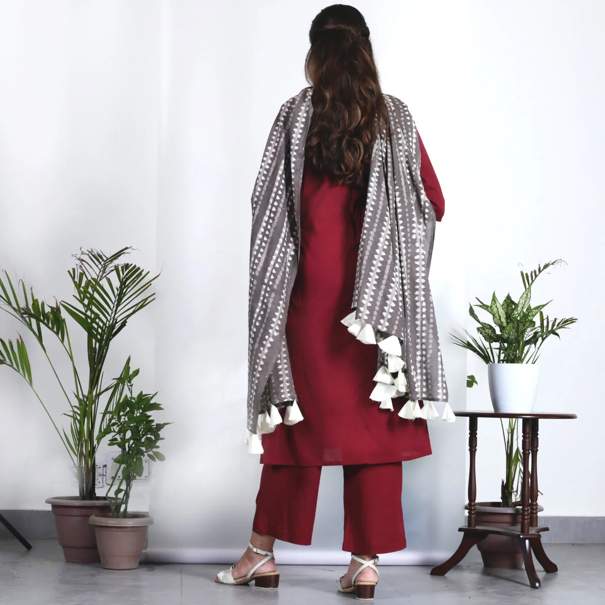 Maroon Salwar Kurta Set with Grey Dupatta