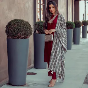 Maroon Salwar Kurta Set with Grey Dupatta