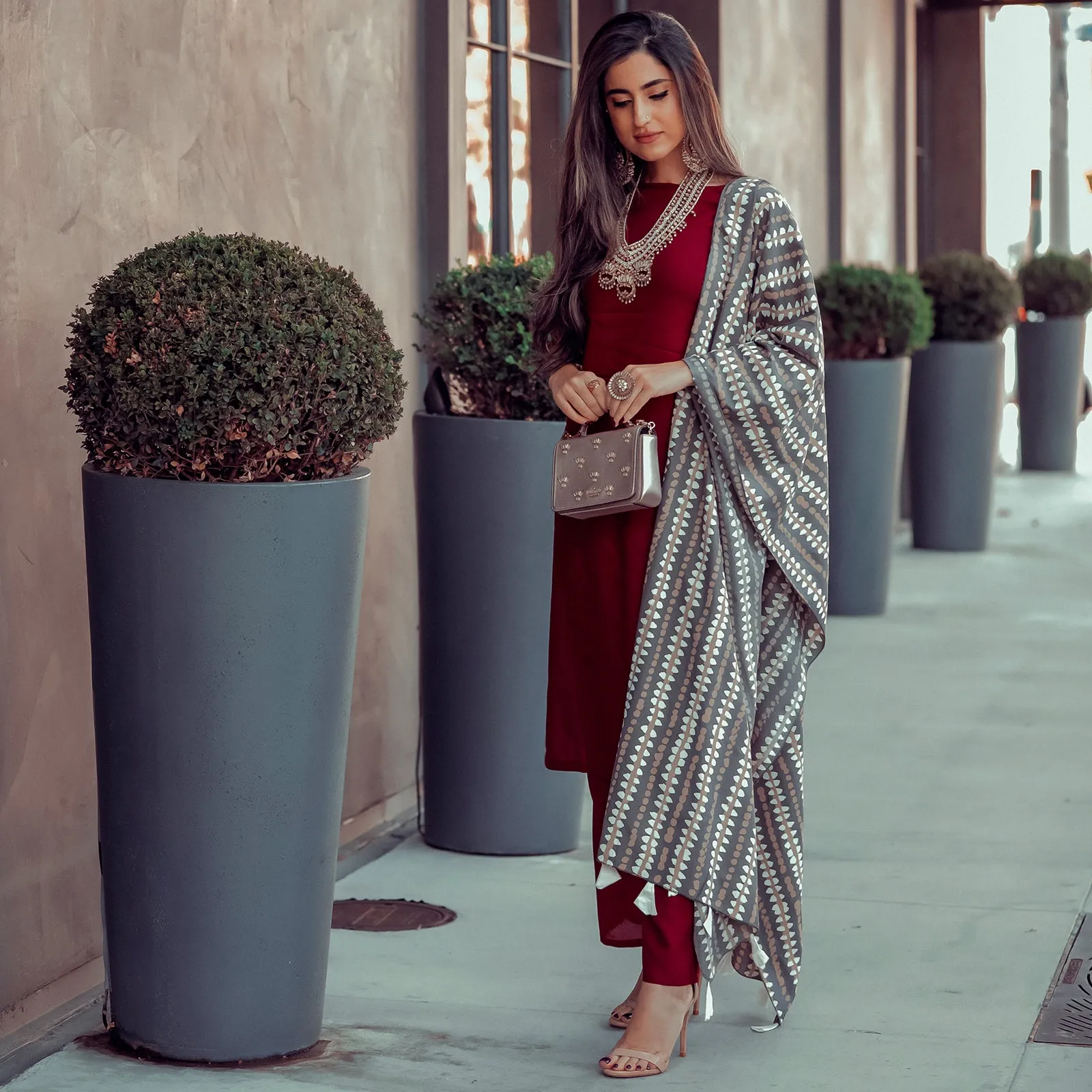 Maroon Salwar Kurta Set with Grey Dupatta