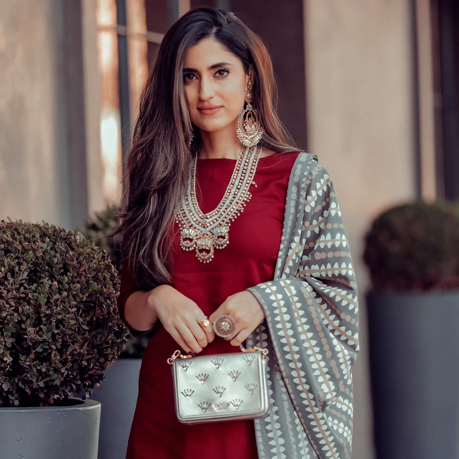 Maroon Salwar Kurta Set with Grey Dupatta