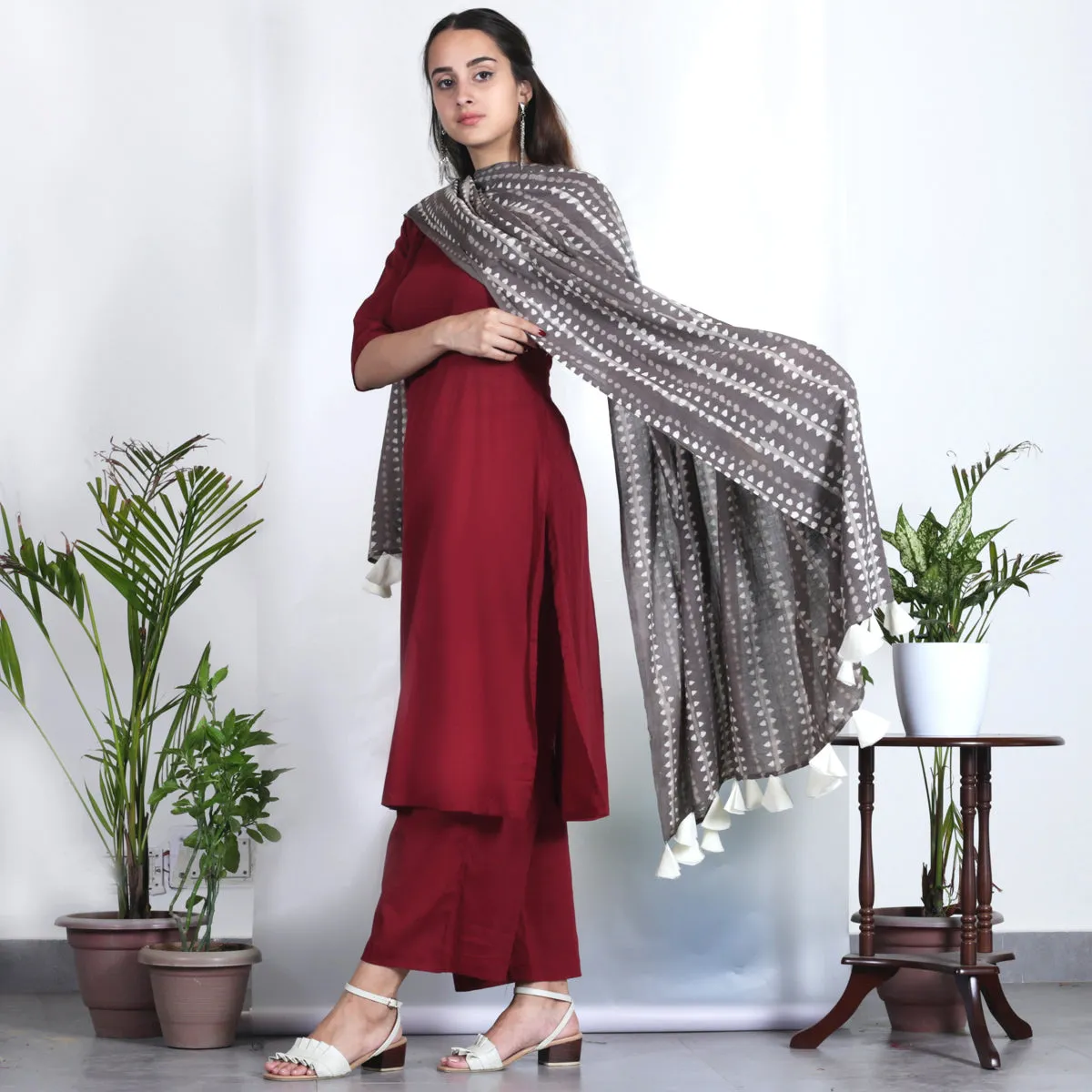 Maroon Salwar Kurta Set with Grey Dupatta