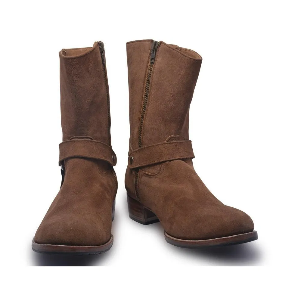 Men Brown Zipper Biker Motorcycle Suede Leather Boots