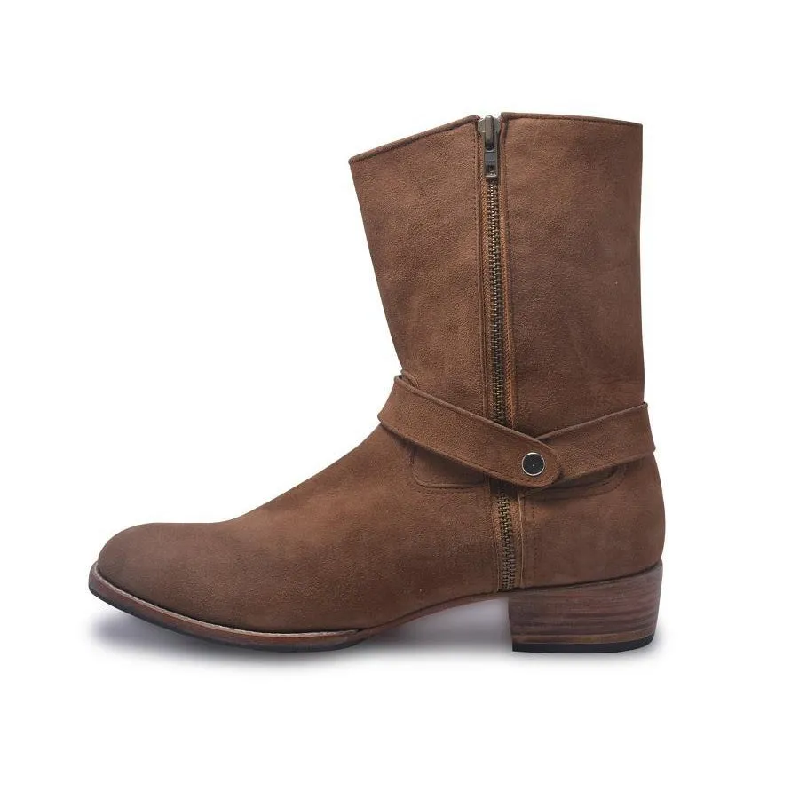 Men Brown Zipper Biker Motorcycle Suede Leather Boots