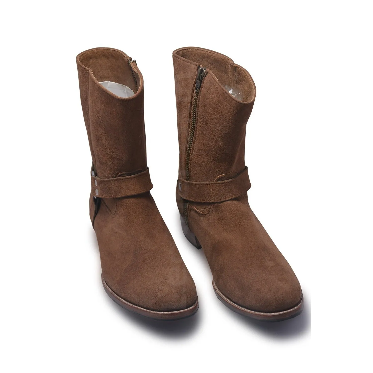 Men Brown Zipper Biker Motorcycle Suede Leather Boots