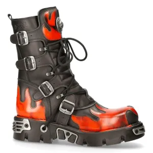 New Rock New Rock 591-s1 Red Flame Metallic Black Leather Boot Biker Goth Boots