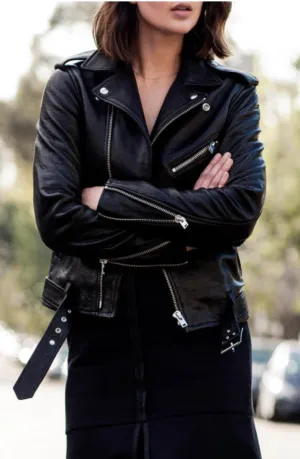 Osli Sheepskin Black Leather Biker Jacket for Women