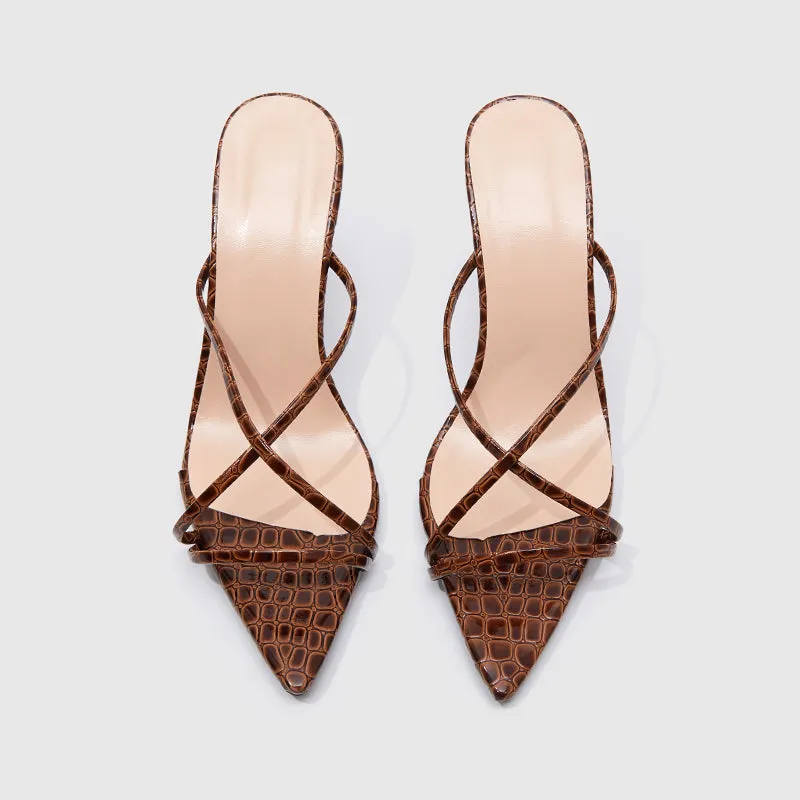 Pointy-toe Silm Kitten Heels Sandals Brown