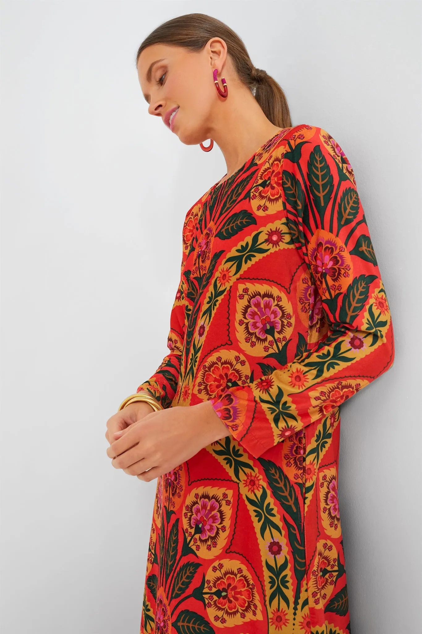 Red Positano Long Sleeve Velvet Shift Maxi Dress