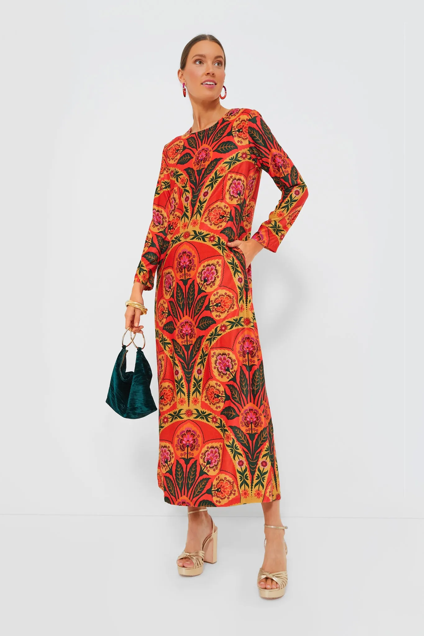 Red Positano Long Sleeve Velvet Shift Maxi Dress