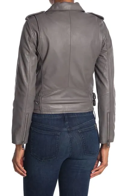 Ribbin Grey Leather Jacket for Women Lambskin Biker