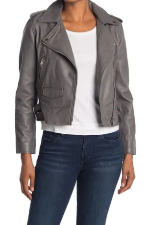 Ribbin Grey Leather Jacket for Women Lambskin Biker