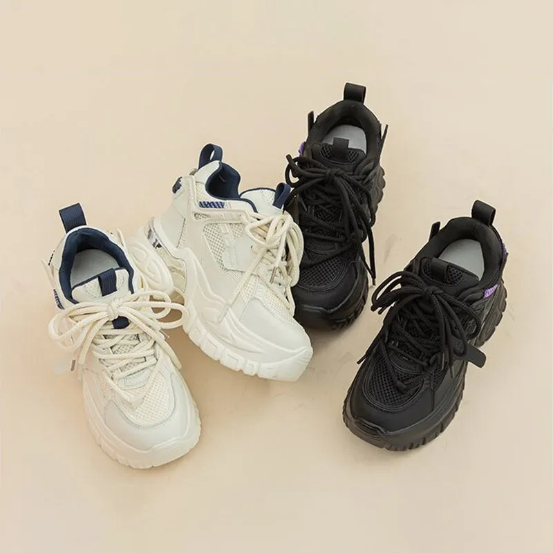 Round Toe Lace-Up Mesh Sneakers with Chunky 10cm Thick Heel