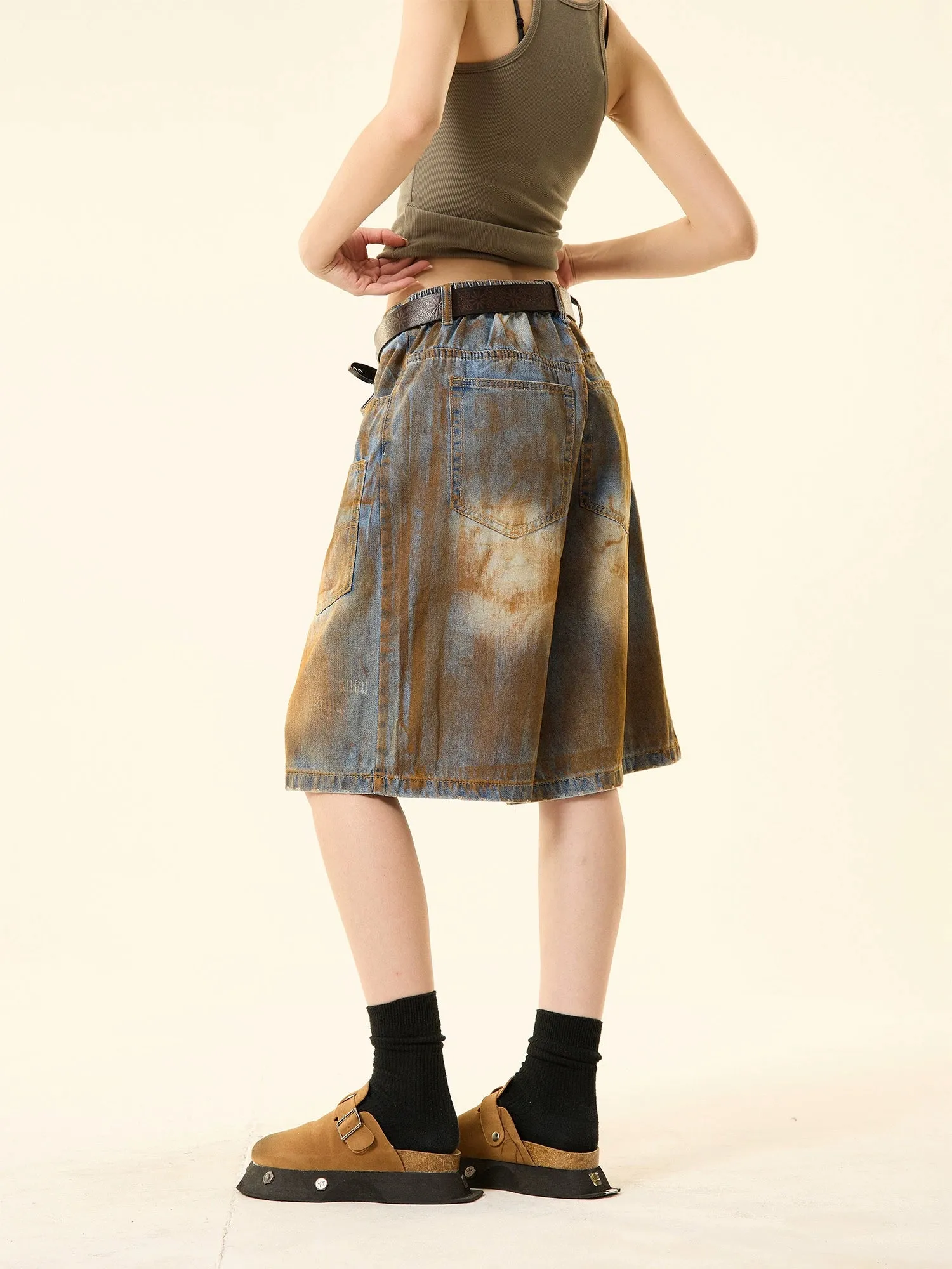 Sandblast Denim Bermuda Shorts with Oversized Pockets