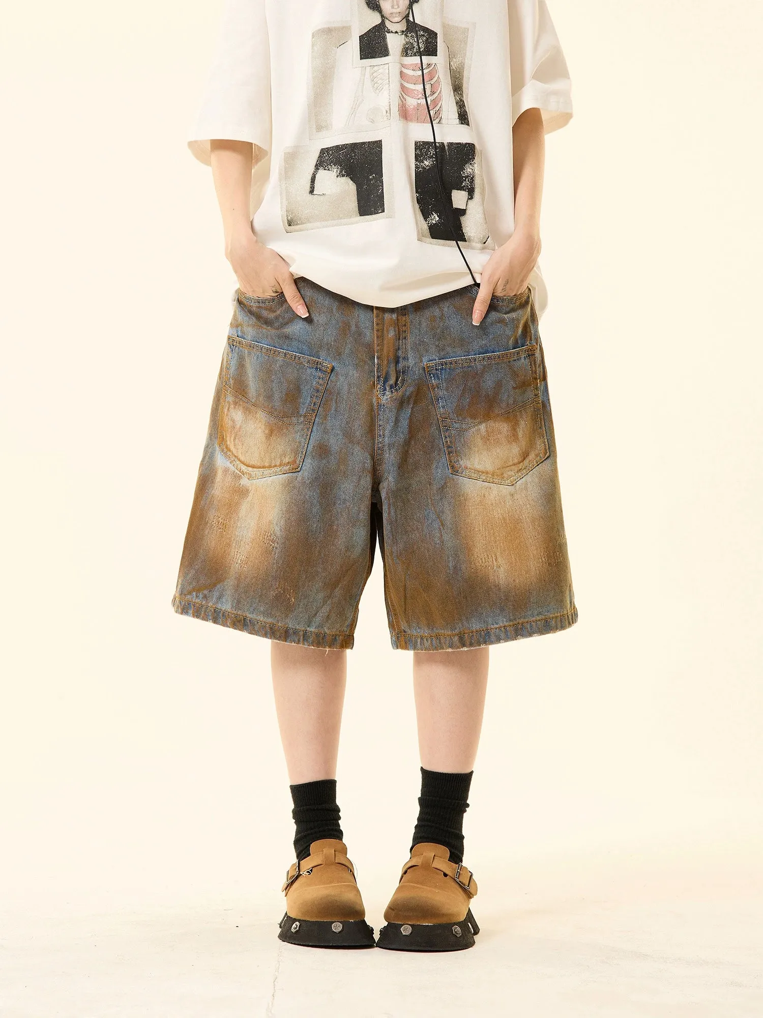 Sandblast Denim Bermuda Shorts with Oversized Pockets