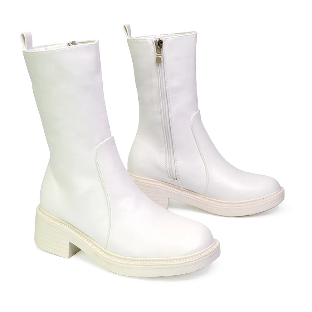 Senna Chunky Block Heel Low Platform Sole Zip Up Biker Sock Ankle Boots in Black Synthetic Leather