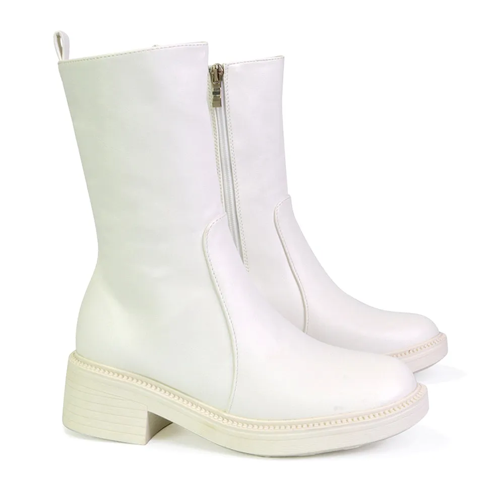 Senna Chunky Block Heel Low Platform Sole Zip Up Biker Sock Ankle Boots in Black Synthetic Leather