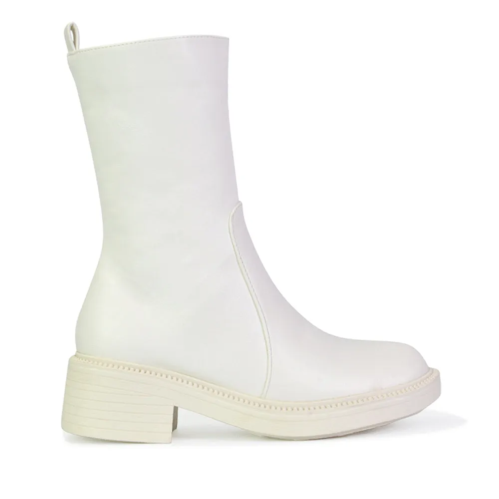 Senna Chunky Block Heel Low Platform Sole Zip Up Biker Sock Ankle Boots in Black Synthetic Leather