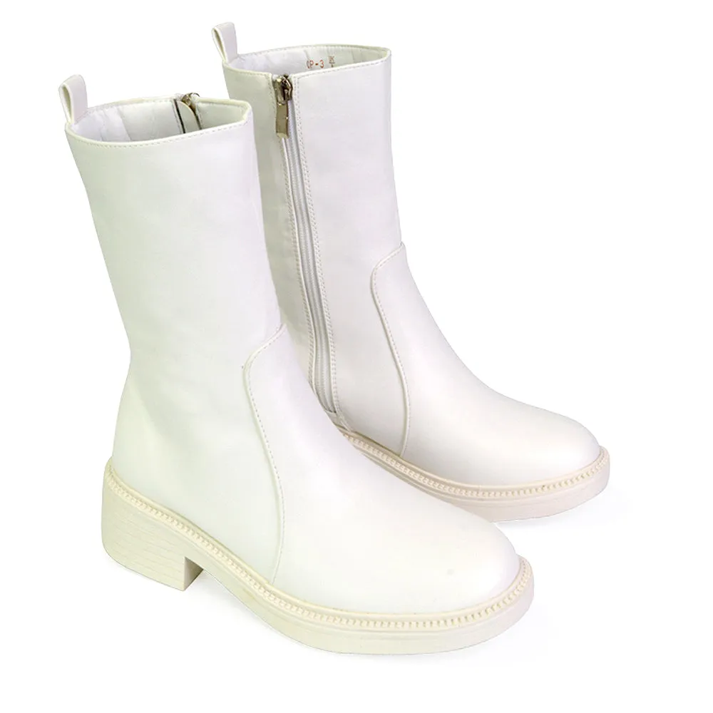 Senna Chunky Block Heel Low Platform Sole Zip Up Biker Sock Ankle Boots in Black Synthetic Leather