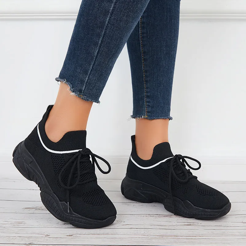 Sohiwoo  Black Mesh Chunky Sneakers Breathable Thick Sole Shoes
