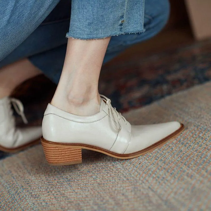 Split Leather Oxfords Chunky Heel Pumps Women's Casual Shoes GCSZXC56