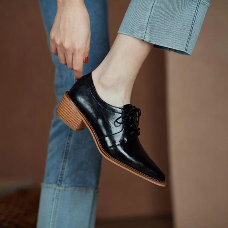 Split Leather Oxfords Chunky Heel Pumps Women's Casual Shoes GCSZXC56