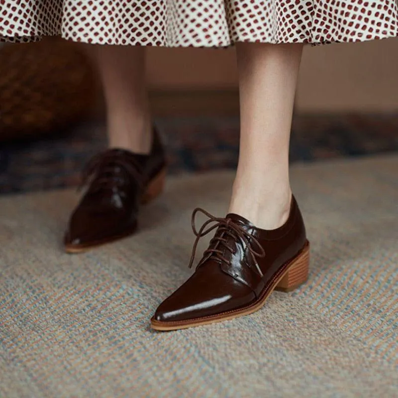 Split Leather Oxfords Chunky Heel Pumps Women's Casual Shoes GCSZXC56