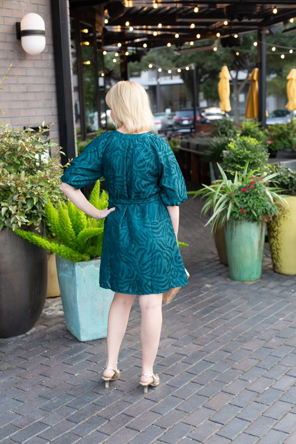 Teal Textured Puff Sleeve Dress