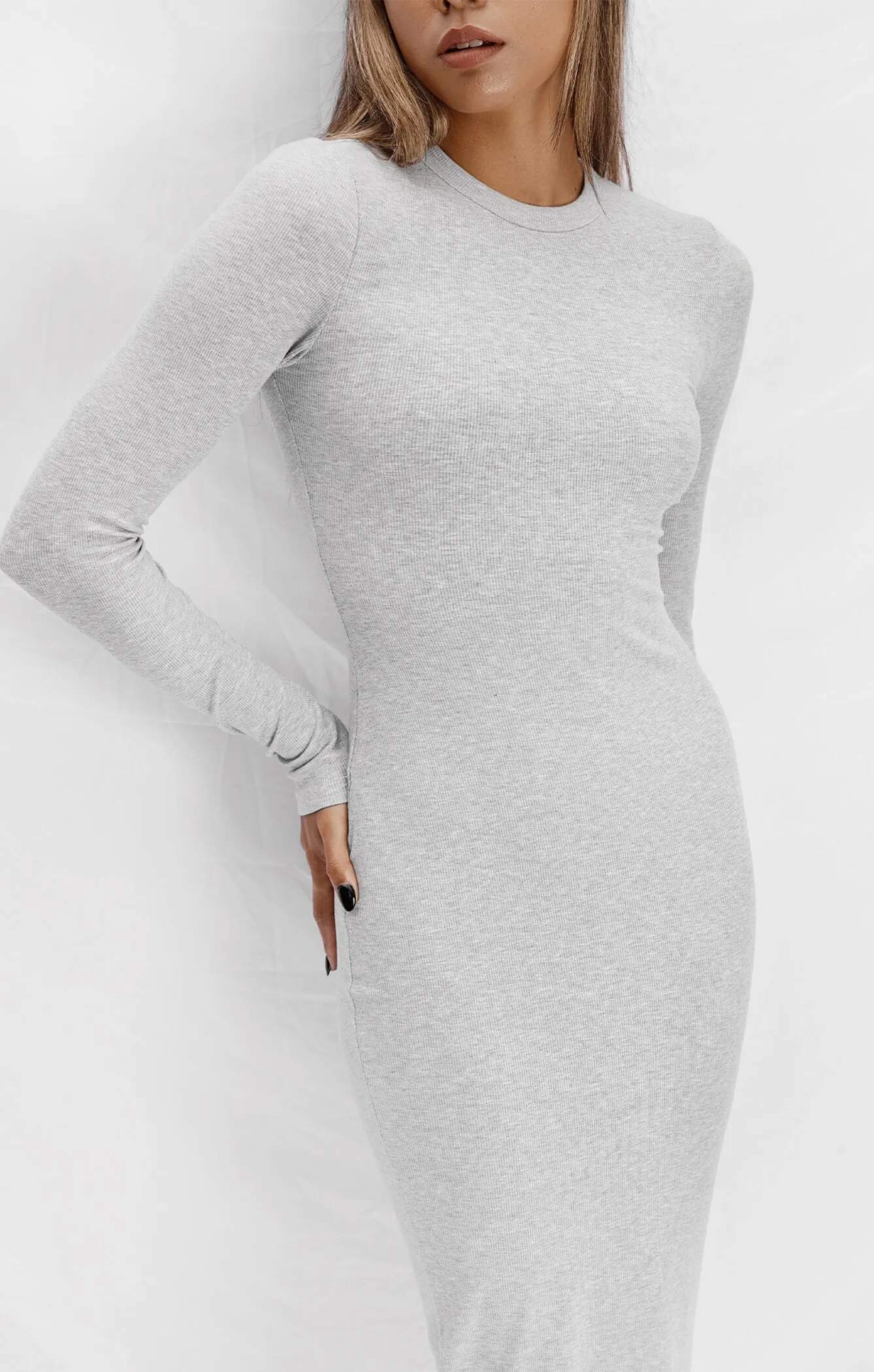 THE LUXE RIB L/S MIDI DRESS - MID GREY