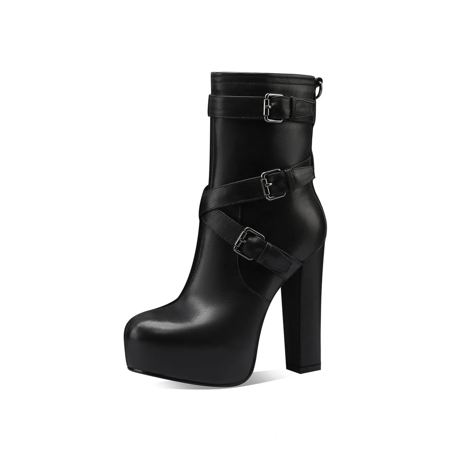 TinaCus Handmade Women's Genuine Leather Buckle Strap Round Toe Sexy High Heel Platform Fashion Boots