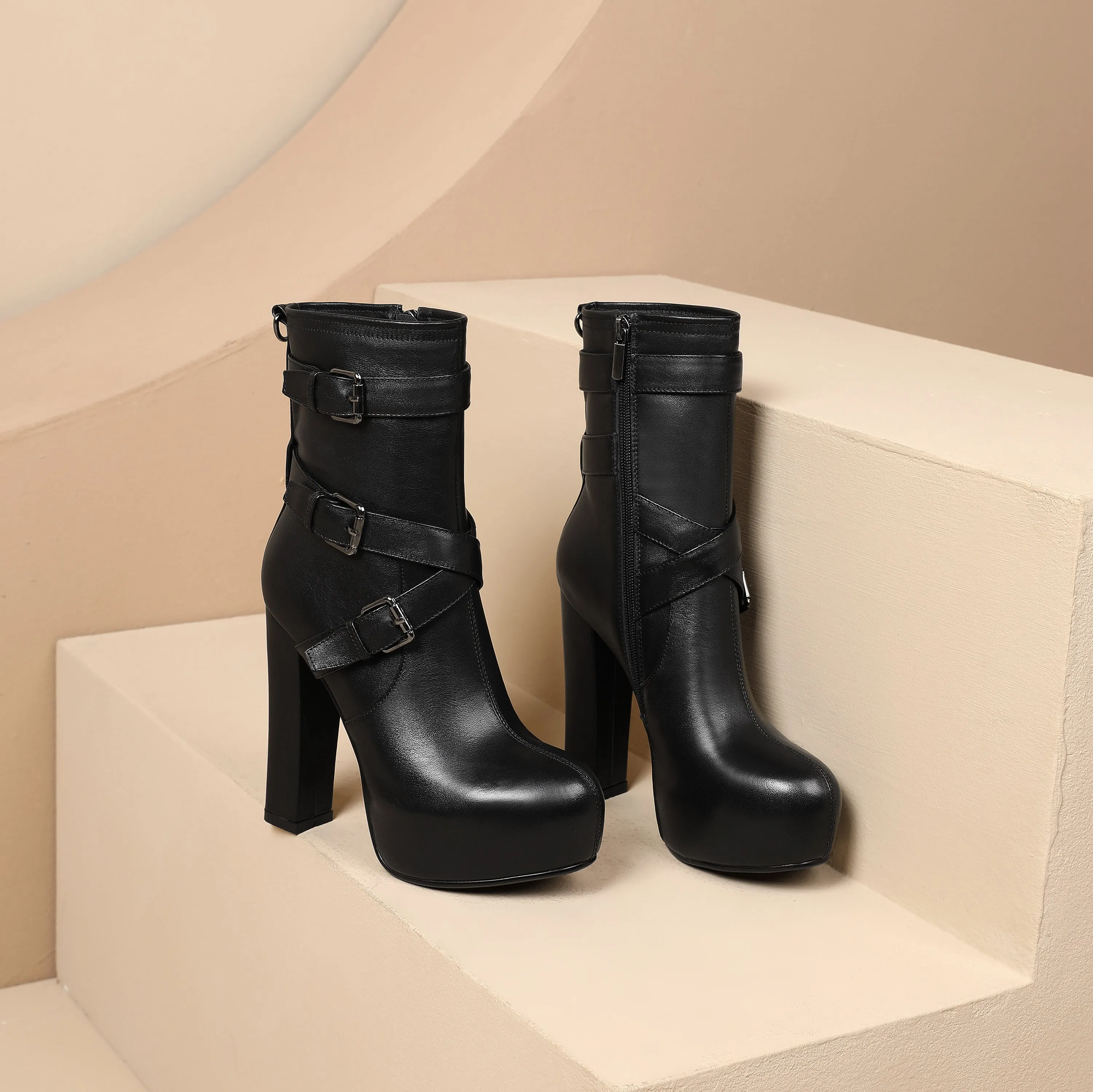 TinaCus Handmade Women's Genuine Leather Buckle Strap Round Toe Sexy High Heel Platform Fashion Boots