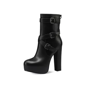 TinaCus Handmade Women's Genuine Leather Buckle Strap Round Toe Sexy High Heel Platform Fashion Boots