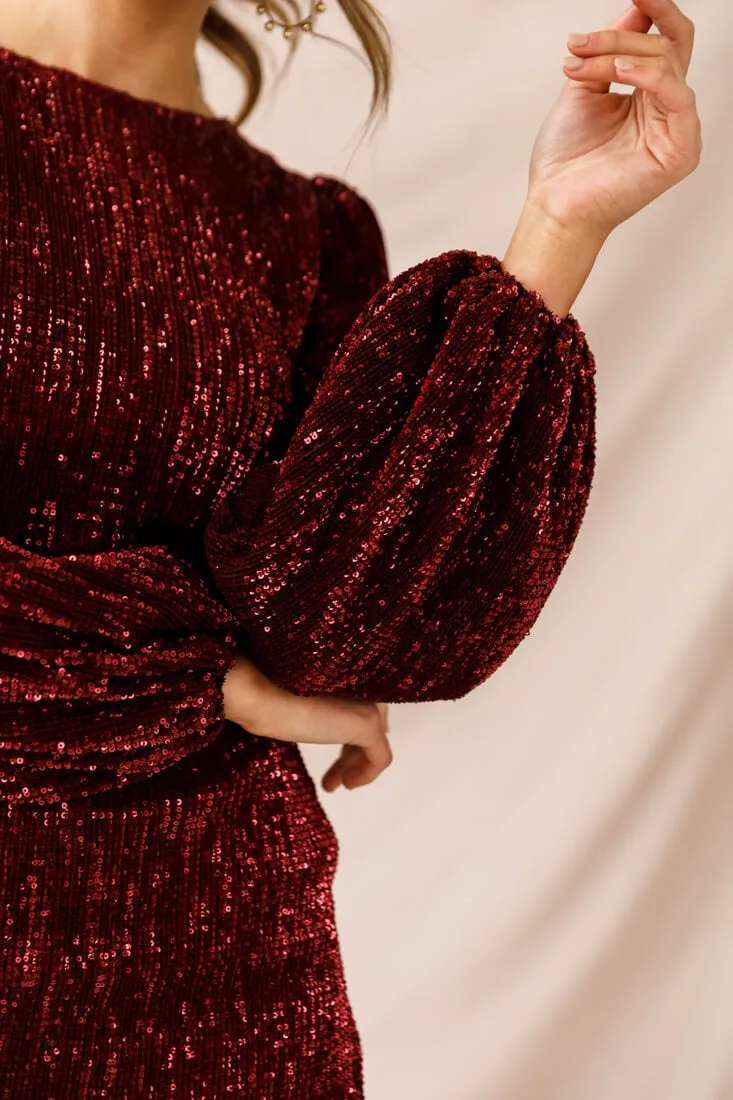 Tinsel Long Sleeve Sequin Mini Dress Plum