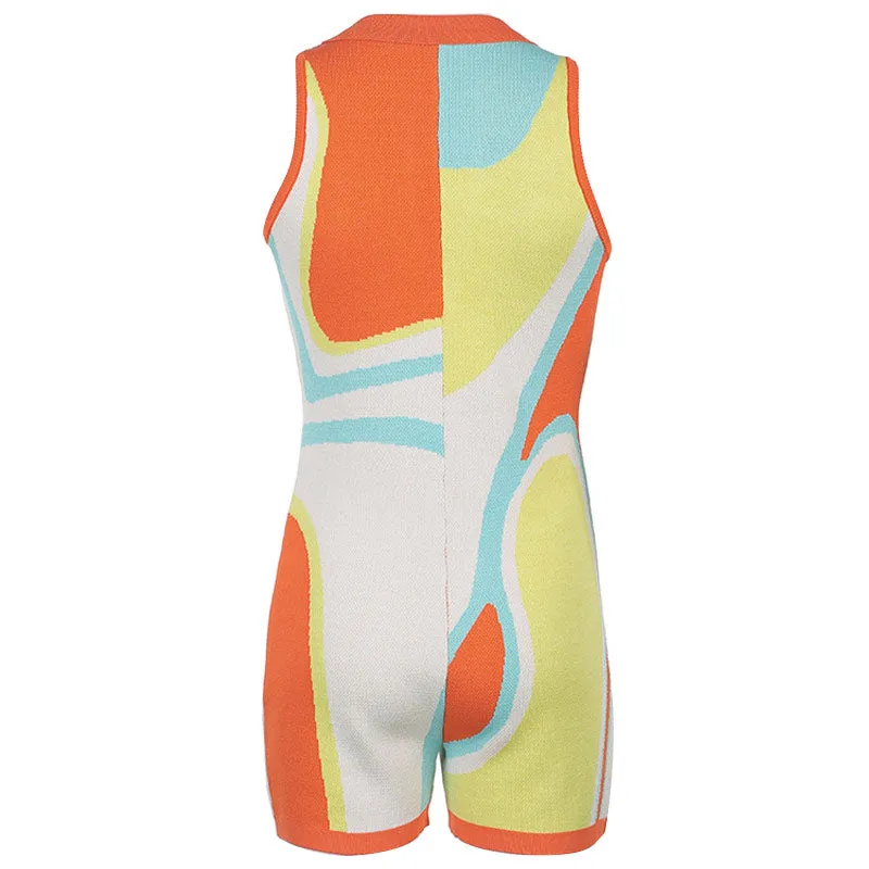 Vibrant Color Block Button Down Collared V Neck Knit Romper - Multicolor