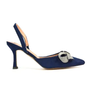 Victoria Diamante Bow Stiletto Slingback High Heel Shoes in Navy Faux Suede