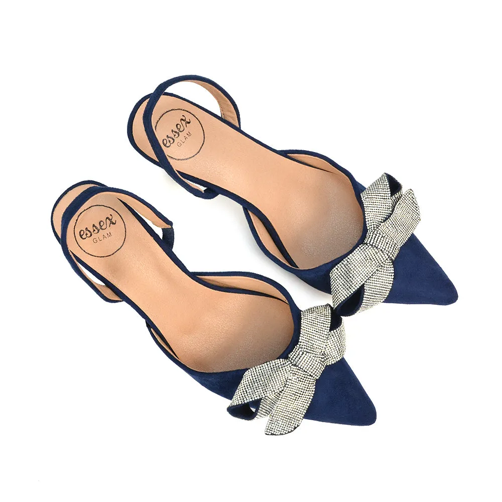Victoria Diamante Bow Stiletto Slingback High Heel Shoes in Navy Faux Suede