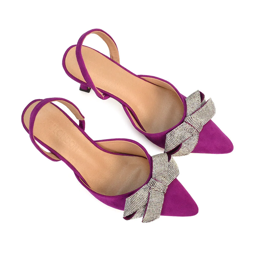 Victoria Diamante Bow Stiletto Slingback High Heel Shoes in Navy Faux Suede