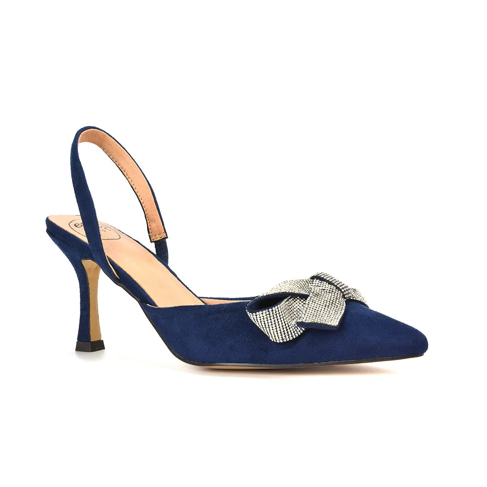 Victoria Diamante Bow Stiletto Slingback High Heel Shoes in Navy Faux Suede