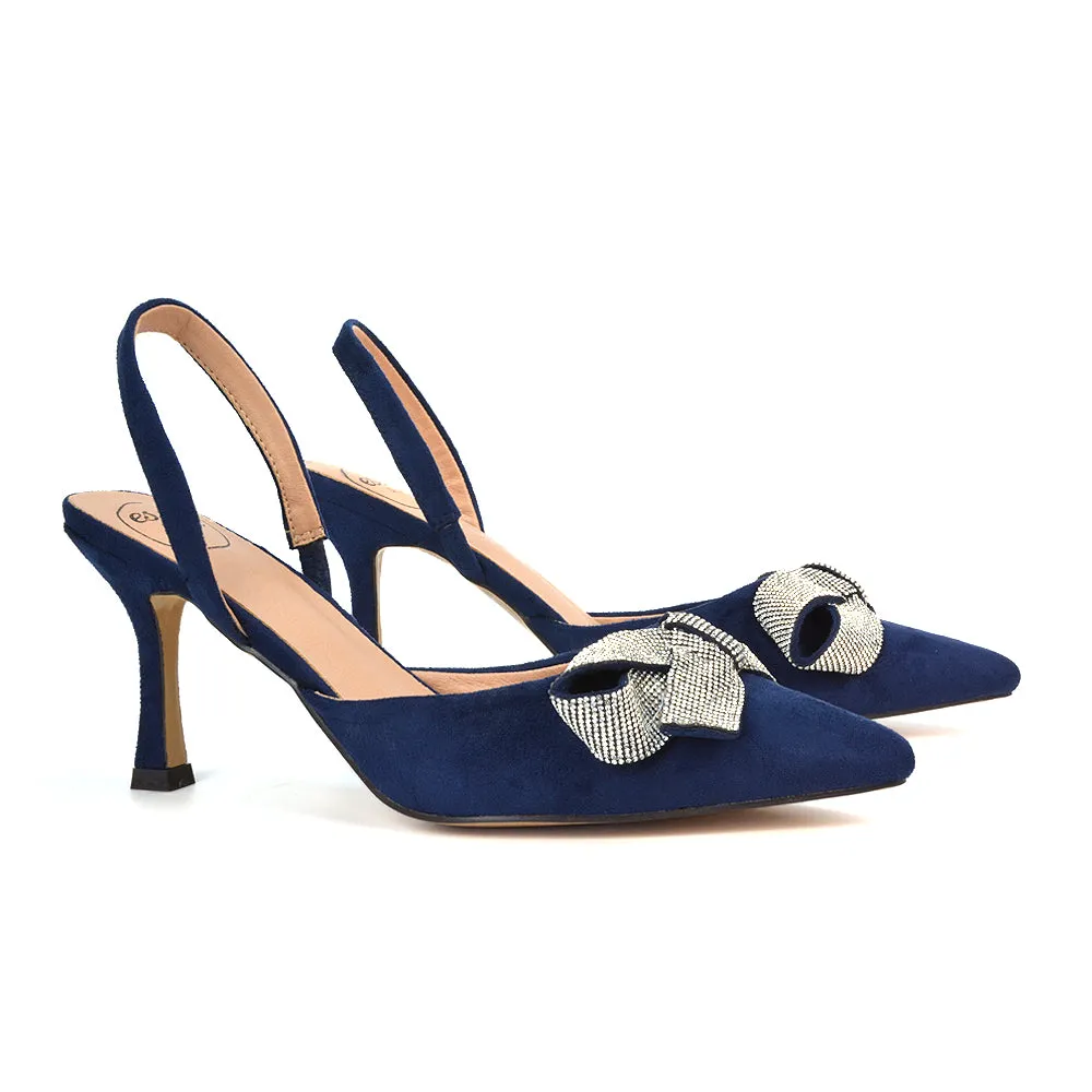 Victoria Diamante Bow Stiletto Slingback High Heel Shoes in Navy Faux Suede