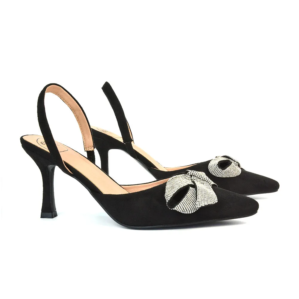 Victoria Diamante Bow Stiletto Slingback High Heel Shoes in Navy Faux Suede