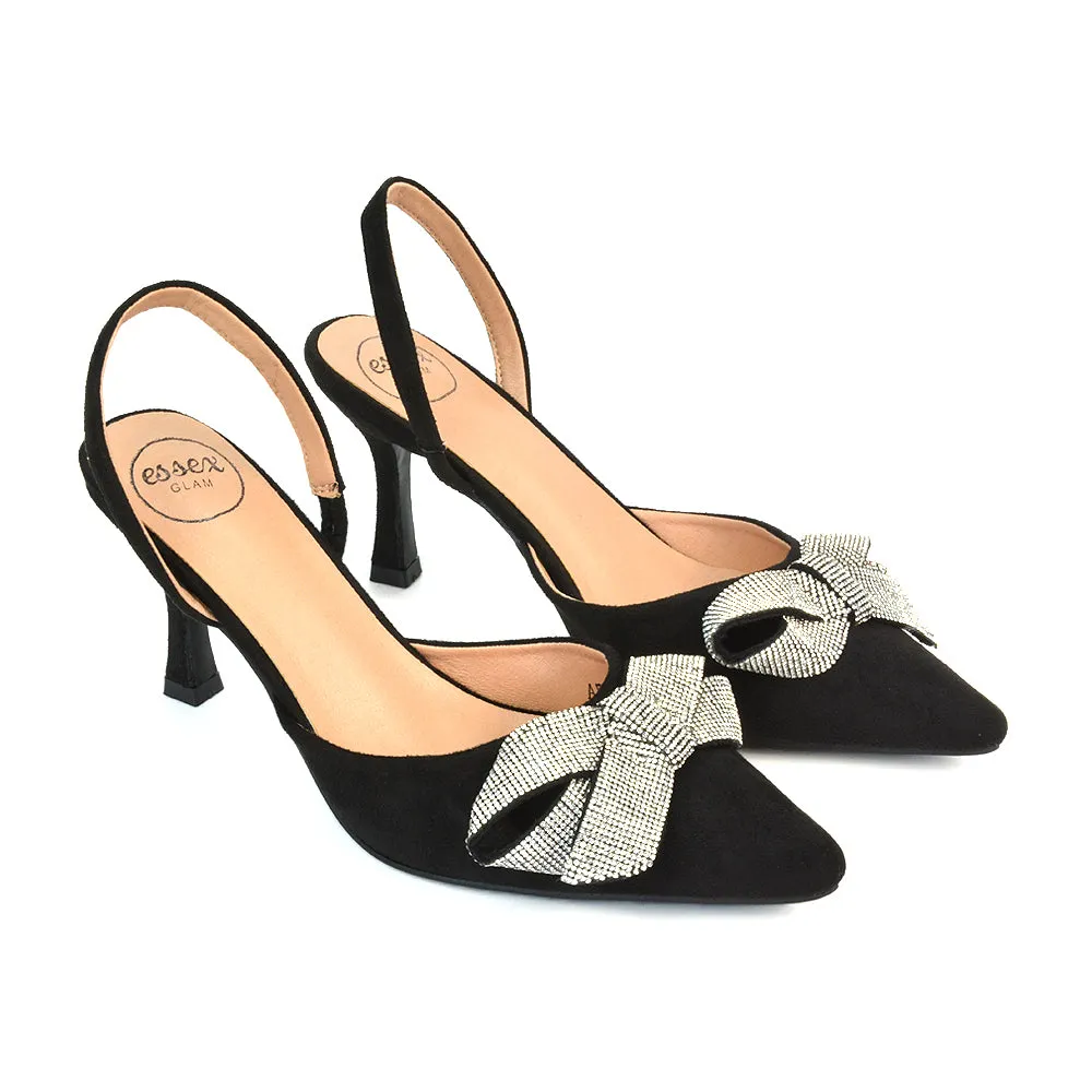 Victoria Diamante Bow Stiletto Slingback High Heel Shoes in Navy Faux Suede
